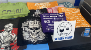 Several examples of screen printed t-shirts the CHi Guys have done.